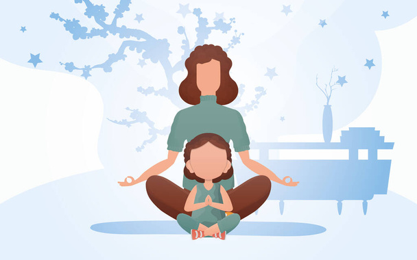 Mom and daughter are meditating. Cartoon style. Sports lifestyle. Vector. - Vector, Image