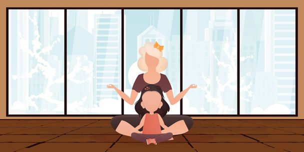 Mom and daughter are meditating together. Design in cartoon style. Vector illustration. - ベクター画像