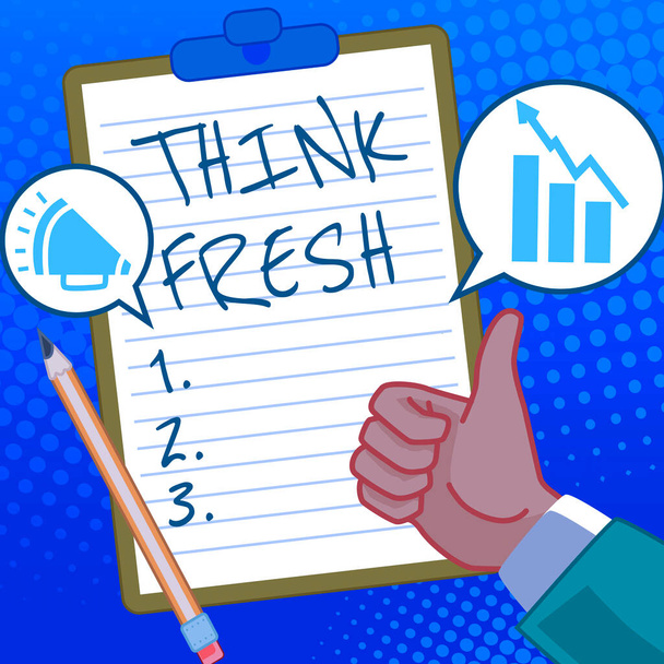 Текст, показывающий вдохновение Think Fresh. Обзор бизнеса Мышление о натуральных ингредиентов Положительная хорошая окружающая среда Руки Thumbs Up Показаны новые идеи. Пальмы с нотами в руках - Фото, изображение