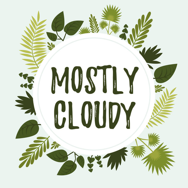 Text schreiben, der meist wolkig ist. Word for Shadowy Vaporous Foggy Fluffy Nebulous Clouds Skyscape Frame Dekoriert mit bunten Blumen und Laub harmonisch arrangiert. - Foto, Bild