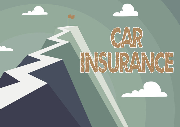 Hand writing sign Car Insurance. Conceptual photo Accidents coverage Comprehensive Policy Motor Vehicle Guaranty Mountain showing high road symbolizing reaching goals successfully. - 写真・画像