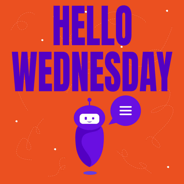 Sign displaying Hello Wednesday. Business overview Hump day Middle of the working week of the calendar Cute Floating Robot Telling Us New Wonderful Information In A Chat Cloud. - Photo, Image