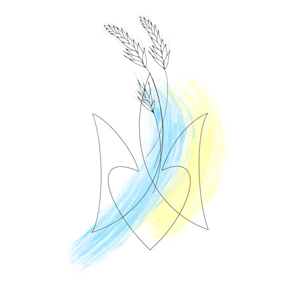 эскиз патриотической татуировки: украинский трезубец и колос пшеницы с желто-голубым флагом. остановить войну на Украине - Фото, изображение