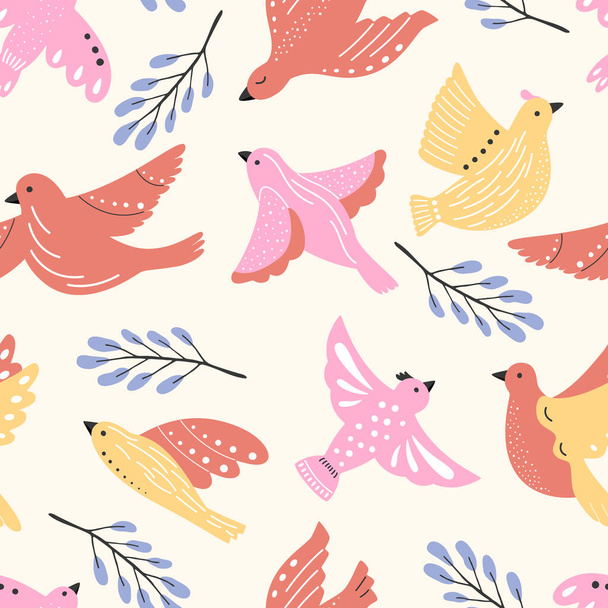 Vector vreedzame vliegende vogels van verschillende kleuren op een naadloos patroon. Kleurrijke lente zomer print, heldere romantische duiven. - Vector, afbeelding
