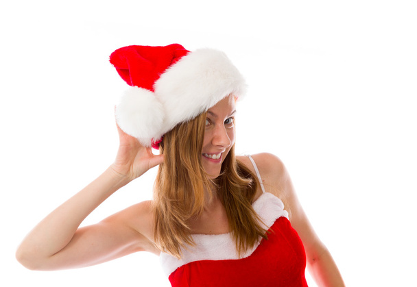 Woman in santa hat listening paying attention - Foto, afbeelding