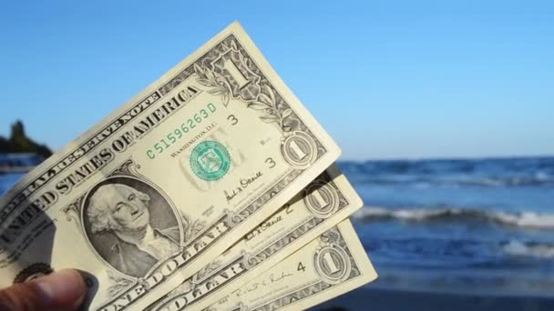 Person hält drei Dollarscheine auf dem Hintergrund der Wellen in der Hand - Filmmaterial, Video