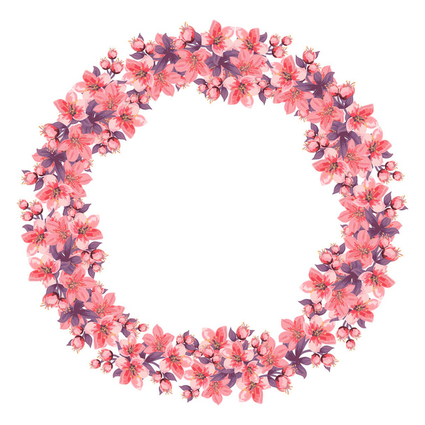 Bruiloft Uitnodiging, bloemen uit te nodigen dank u, kaart Ontwerp: krans, frame patroon. Een grote krans van roze bloemen met bladeren.Ontwerp van bloemtrossen of kransboeketten - Foto, afbeelding