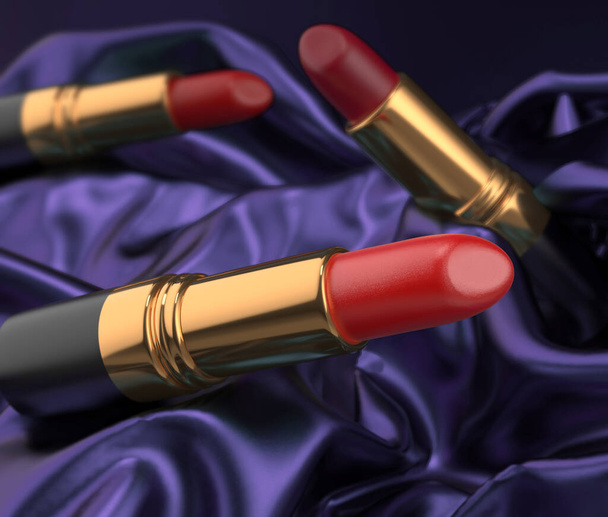 Diferentes lápices labiales que descansan sobre lienzo satinado púrpura, ilustración 3D - Foto, imagen