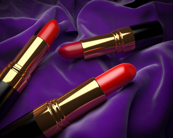 Verschiedene Lippenstifte auf lila Satinleinwand, 3D-Illustration - Foto, Bild