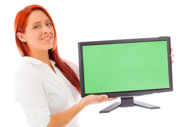 Modelo que sostiene la pantalla en blanco del monitor
 - Foto, Imagen