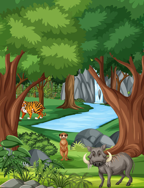 Cena florestal com vários animais selvagens ilustração - Vetor, Imagem