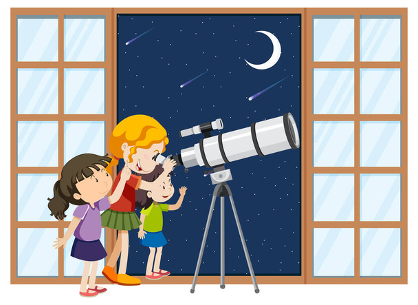 Kinderen observeren nachtelijke hemel met telescoop illustratie - Vector, afbeelding