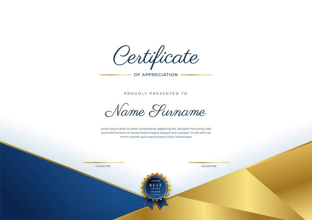 Modern elegant blauw en goud certificaat van prestatie sjabloon met gouden badge en rand. Ontworpen voor diploma, award, bedrijf, universiteit, school, en corporate. - Vector, afbeelding