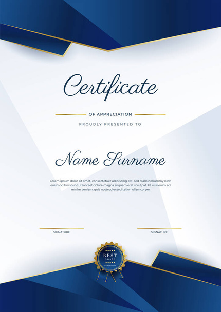 Modern elegant blue and gold certificate of achievement template with gold badge and border. Designed for diploma, award, business, university, school, and corporate. - Vector, Image