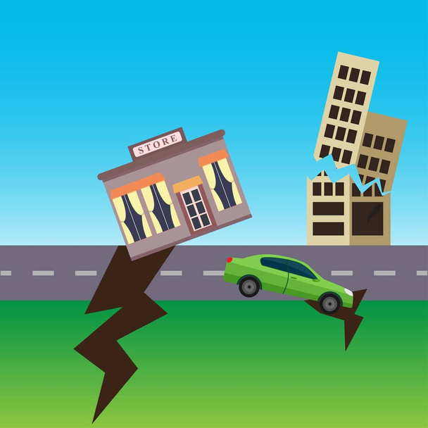 Crack in the ground with a store , a block of flats and a car falling, earthquake concept - Vector, Image