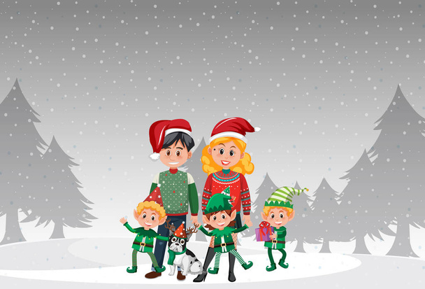 Święta Bożego Narodzenia z rodziną w śniegu ilustracja - Wektor, obraz