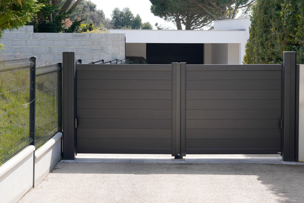 Aluminum gate dark gray modern style home double black portal of suburb door house - Photo, Image
