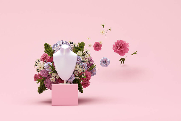 Bust showcase jewelry display for necklace pendant on flowers background. Stand holder. Hologram color mannequin jewelry stand. Feminine copy space template 3d render - 写真・画像