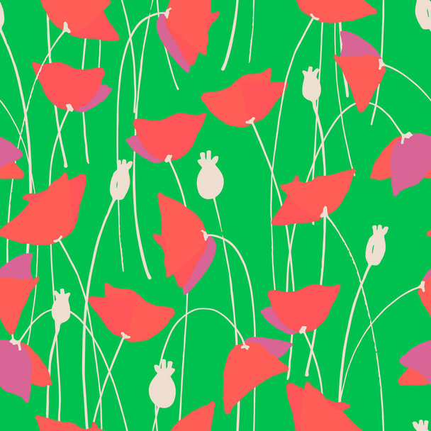 Nahtloses Muster mit handgezeichneten Mohnblumen für Handwerk, Bekleidung, Design und andere Designprojekte. Linienkunst - Vektor, Bild