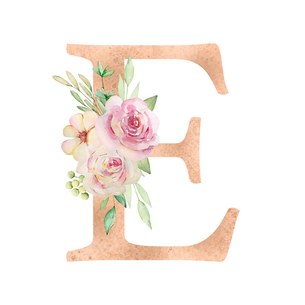 Floral alphabet, letter E with watercolor flowers and leaves. - 写真・画像