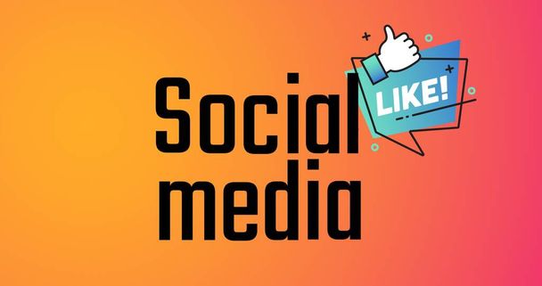 Illustration of social media and like text with thumbs up icon over orange background, copy space. digitally generated, icon, social media, marketing, advertisement. - Zdjęcie, obraz