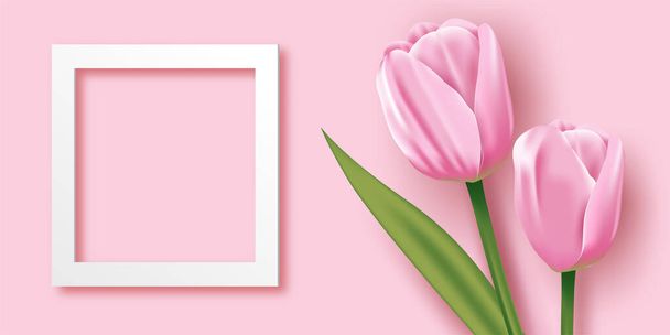 Makieta Dnia Matki. Pusta ramka i różowe tulipany na różowym tle, Wektor - Wektor, obraz