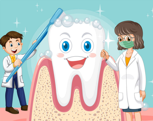 Mutlu diş fırçalama ve dikkat mavi arkaplan illüstrasyon büyük bir diş - Vektör, Görsel
