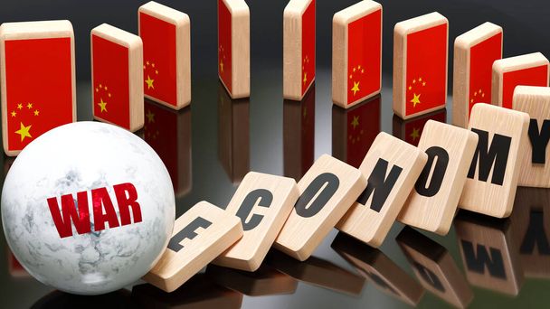 China and war, economy and domino effect - chain reaction in China economy set off by war causing an inevitable crash and collapse - falling economy blocks and China flag, 3d illustration - Photo, image