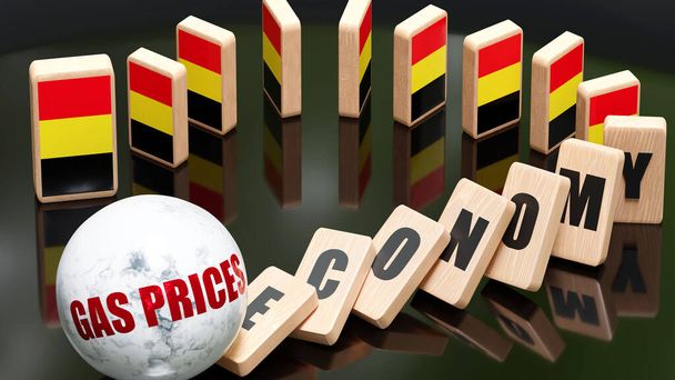 Belgium and gas prices, economy and domino effect - chain reaction in Belgium set off by gas prices causing a crash - economy blocks and Belgium flag, 3d illustration - Фото, зображення
