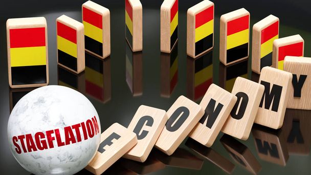 Belgium and stagflation, economy and domino effect - chain reaction in Belgium set off by stagflation causing a crash - economy blocks and Belgium flag, 3d illustration - Photo, Image