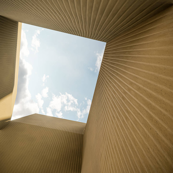 3D-Illustration eines leeren Kartons unter wolkenverhangenem Himmel - Foto, Bild