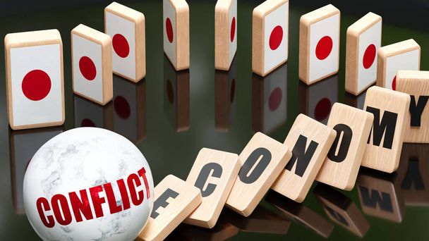 Japan and conflict, economy and domino effect - chain reaction in Japan economy set off by conflict causing an inevitable crash and collapse - falling economy blocks and Japan flag, 3d illustration - Photo, image