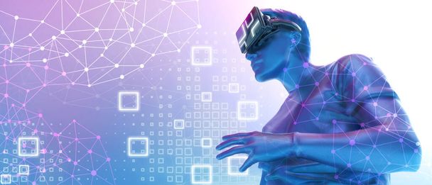 Experiences of metaverse virtual world entertainment and Future digital technology cyber Concept, cyber space futuristic, Innovation of cyber Space,man with virtual reality VR-3d Rendering - Photo, Image