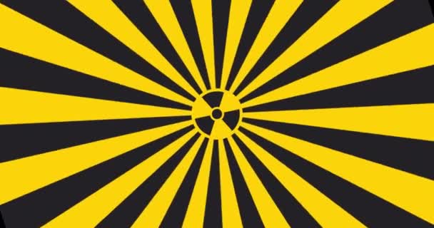 Segno pericoloso stile pop art radiazioni ionizzanti, segno radiazioni ionizzanti in raggi gialli e neri, avviso di sfondo simbolo di pericolo - Filmati, video