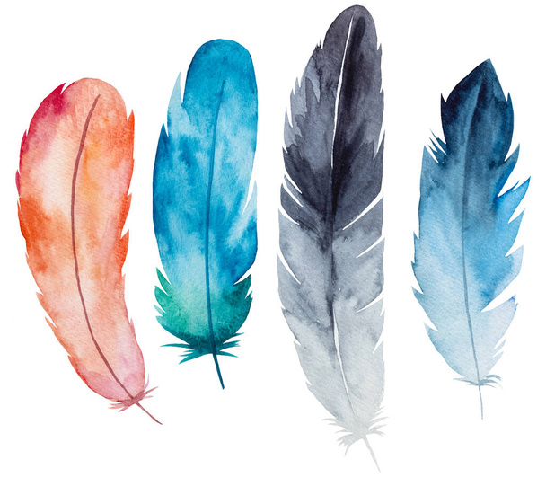 Watercolor blue, pink and grey feather, Bohemian illustration isolated. Monochrome elements set for boho wedding stationery, greeting cards and other printing and craft projects - Valokuva, kuva