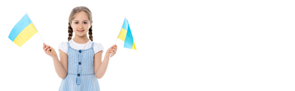 girl in blue strap dress holding small ukrainian flags isolated on white, banner - 写真・画像
