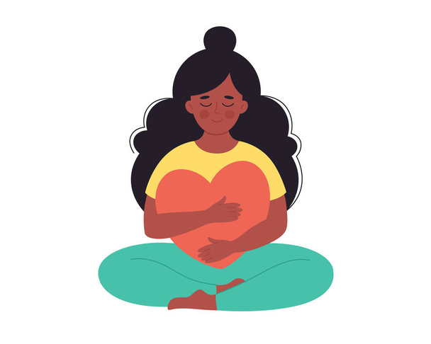 Black woman hugging heart. Self love, positive emotion, mental health, freedom, happiness, mental wellbeing. Hand drawn vector illustration - Vector, Image