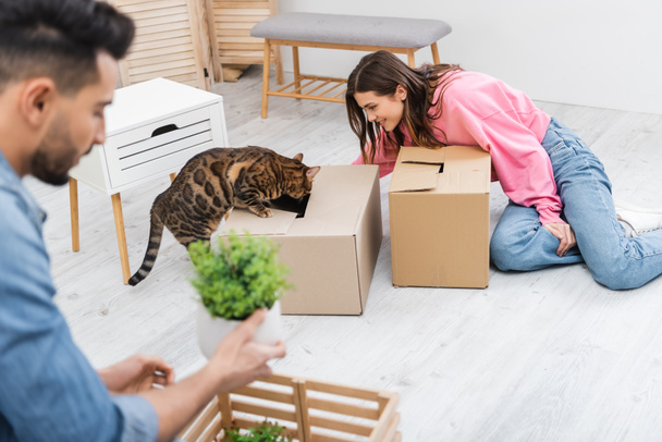 Side view of cheerful woman looking at bengal cat on carton box near blurred muslim boyfriend at home  - Photo, Image