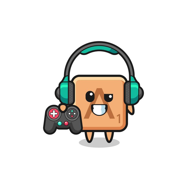 scrabble gamer mascota celebración de un controlador de juego, lindo diseño - Vector, Imagen
