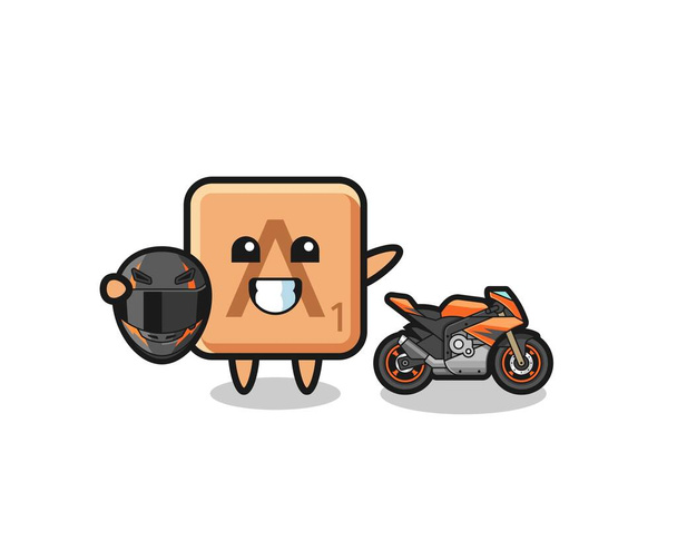 lindo scrabble dibujos animados como un corredor de motocicletas, lindo diseño - Vector, Imagen