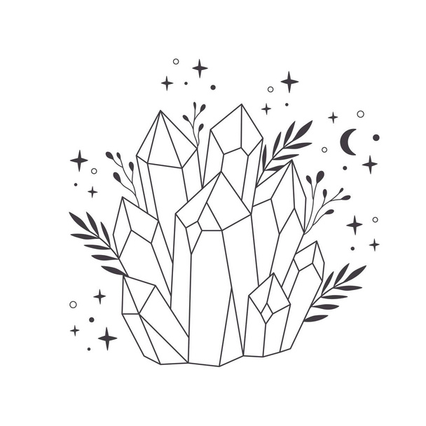 Mystical, esoteric or healing crystals with flowers, leaves. Linear art. Editable strocks. Vector illustration - Vector, Image