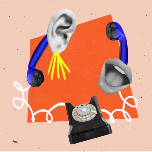 Collage zeitgenössischer Kunst. Menschliches Ohr und Mund mit Telefonelementen, die miteinander sprechen und sich mit geschäftlichen Fragen beschäftigen - Foto, Bild