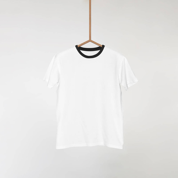 Λευκά λευκά T-Shirts Mockup κρέμονται σε γκρι τοίχο, 3D Αποτύπωση - Φωτογραφία, εικόνα