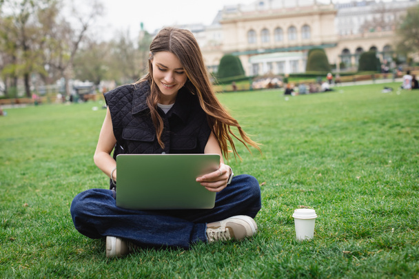 cheerful young woman using laptop while sitting on lawn - Photo, Image