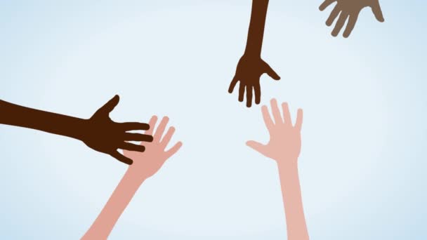 Não ao racismo. Parem com o racismo e a discriminação. Mãos de raças diferentes tocando um ao outro. Desenhos animados, animação 2D. Ilustração animada - Filmagem, Vídeo