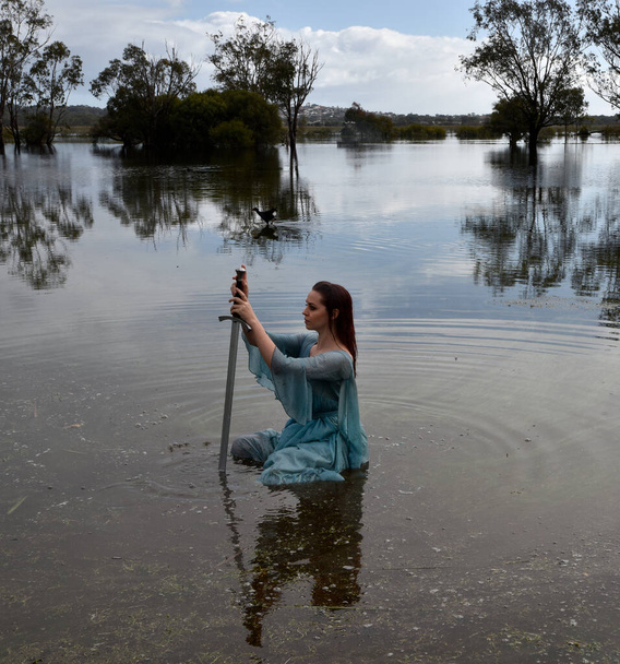 Ritratto di bella ragazza che indossa fluente abito fantasia in un magico sfondo lago. - Foto, immagini