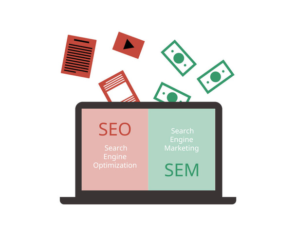 сравнение SEO и SEM или поискового маркетинга - Вектор,изображение