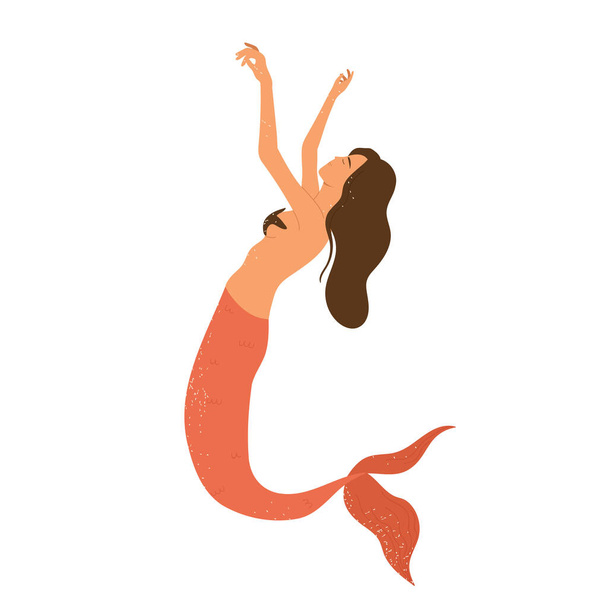 Beautiful young mermaid with red fish tail and starfish bra. Fairy tale and underwater creature. Sea and ocean aesthetic. Vector illustration in cartoon style. Isolated white background. - Vektor, Bild