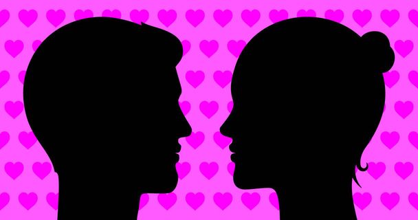 Romantic couple vector illustration. Man and woman looking at each other on a pink hearts background - Vector, Image
