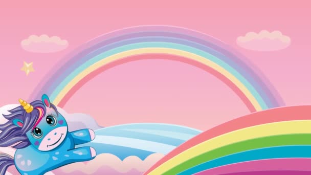 Little unicorn. Cute pony or horse flying in the clouds. Starry sky. Fairytale background with rainbow and animals. Fabulous landscape. Children's cartoon animation. Wonderland. Kind and funny video. - Footage, Video